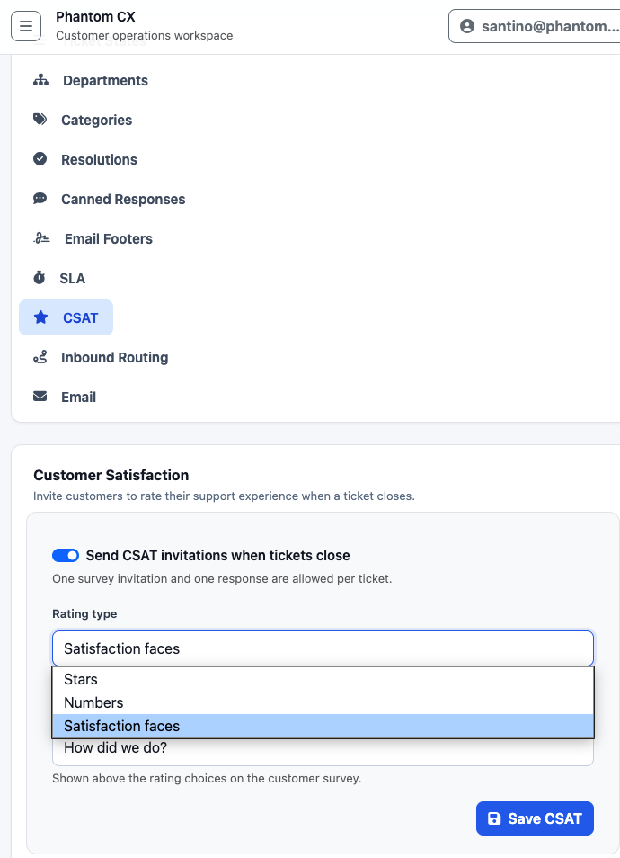 Phantom CX CSAT settings with ticket-close survey toggle and rating type options