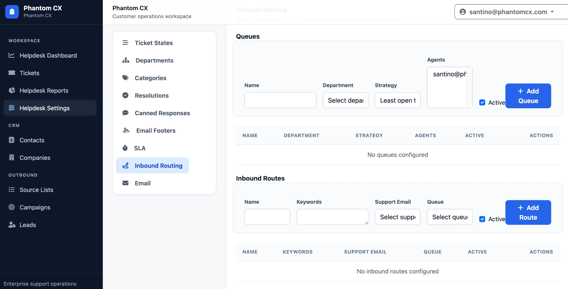 Phantom CX inbound routing settings with queues and keyword-based inbound routes