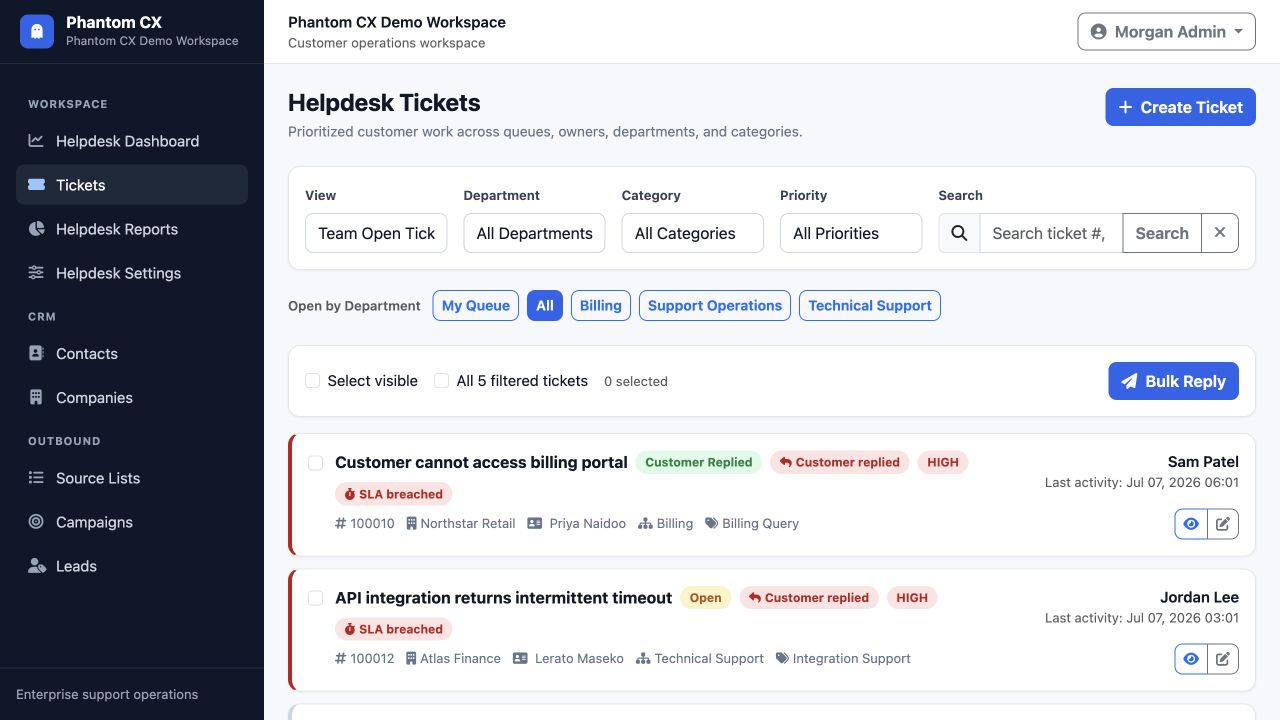 Phantom CX ticket queue with filters, status badges, and SLA labels